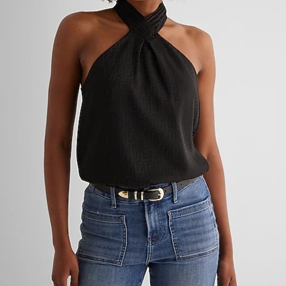 NWT Express Jacquard Gathered Halter Neck Tank XS Black